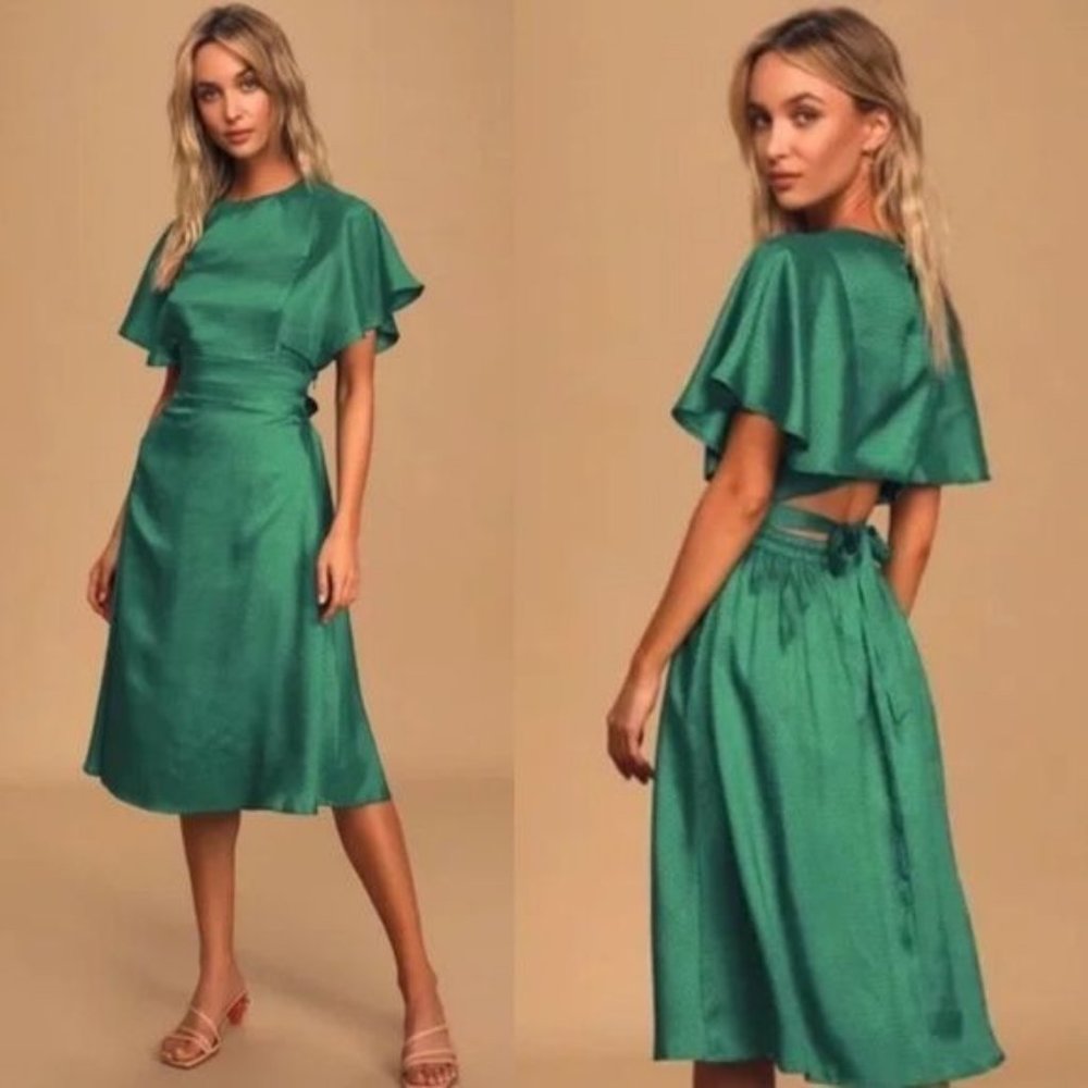 Lulus NWT Green Polka Dot Embossed Satin Backless Midi Dress Size Medium